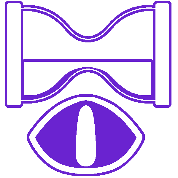  A purple eye below an hourglass turned on its side, outlined with purple.